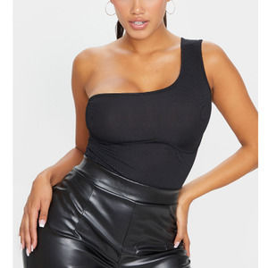 Pretty Little Thing Shape One Shoulder Ribbed Bodysuit, Women's Size 2 - Black